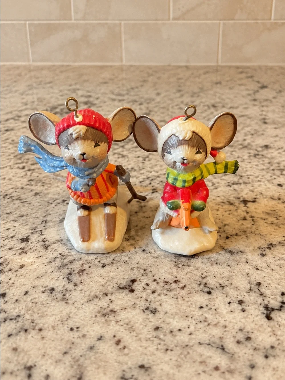 Vintage Set of 2 Winter Mouse Christmas Ornaments – Skier & Sledding Mouse – Han